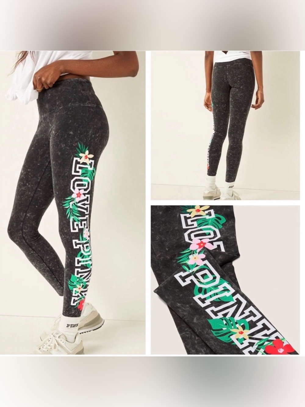 PINK Victoria's Secret Black Leggings with Floral Side Print